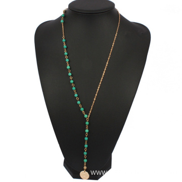 Turquoise Bead Long Gold Chain Necklace With Tiny Charm